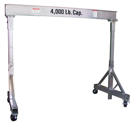 EC&MW 4,000 lb cap T Frame style aluminum gantry crane. Far more portable than the standard a Frame styles. 