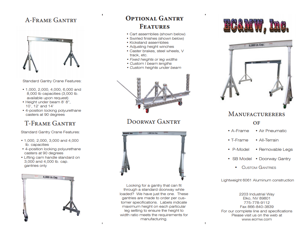 3 Fold brochure of EC&WM, Inc. line of portable gantry cranes